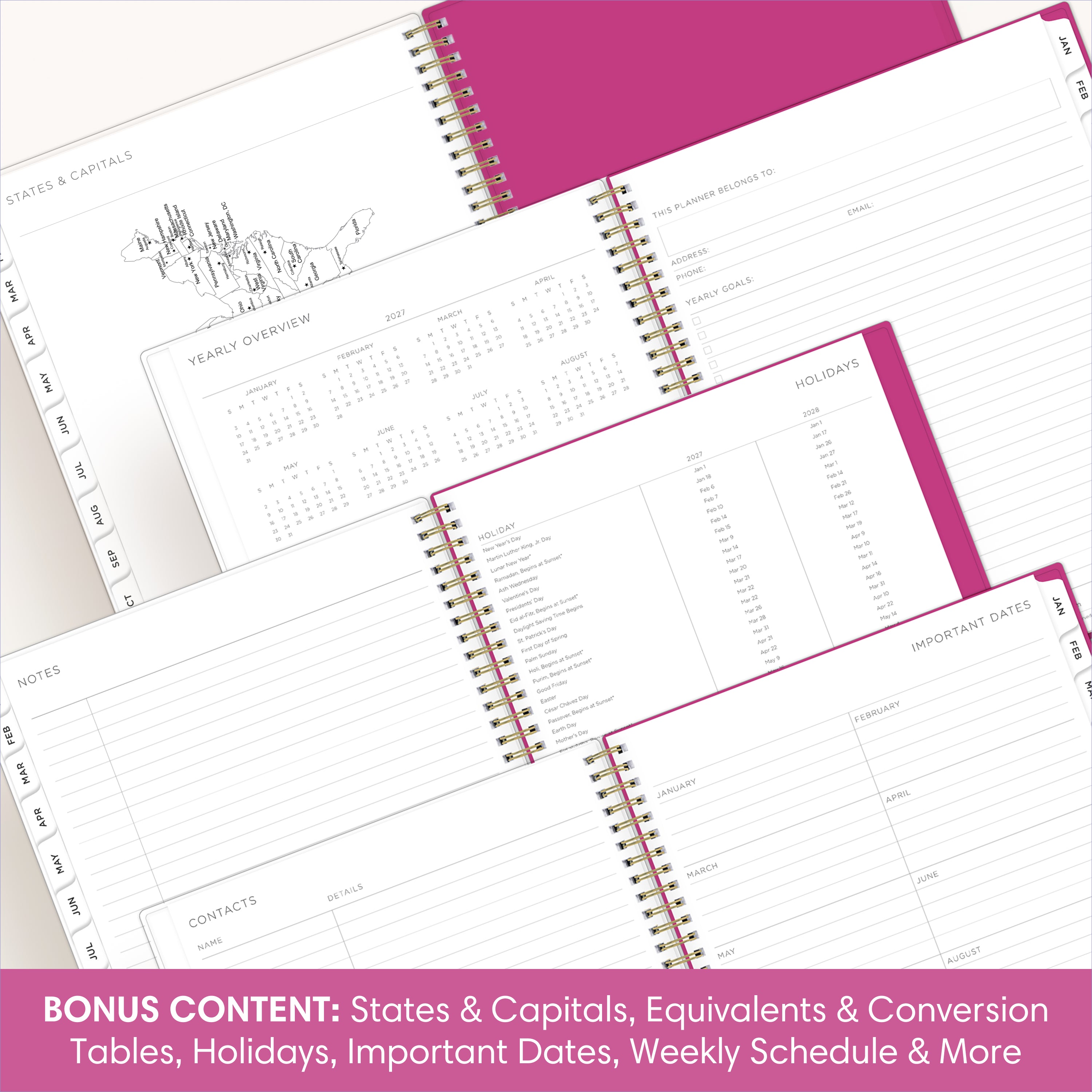 planner features twin wire o binding, monthly tabs, and optimizing planning size