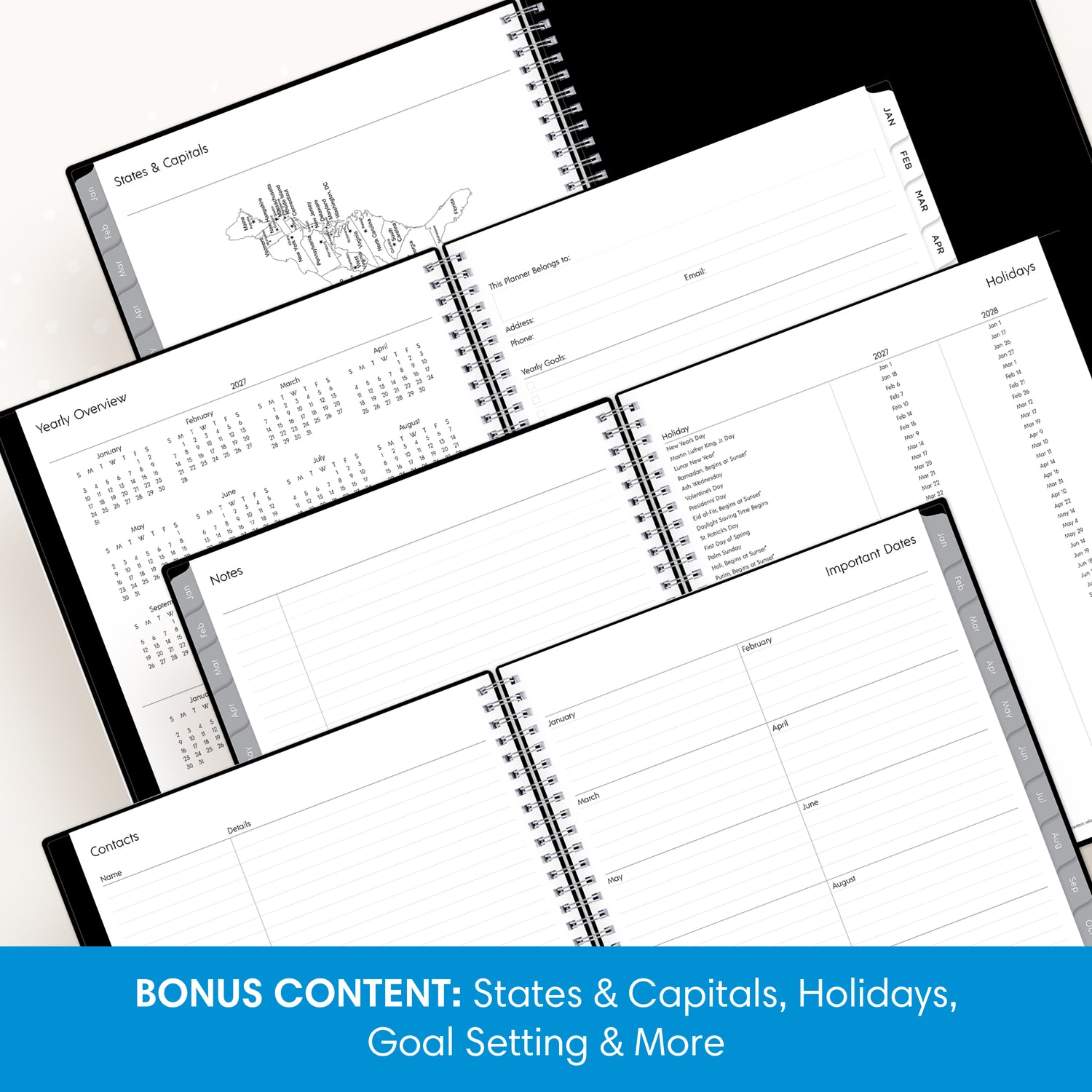 reference page yearly overview, capitals states, contacts, and holiday list