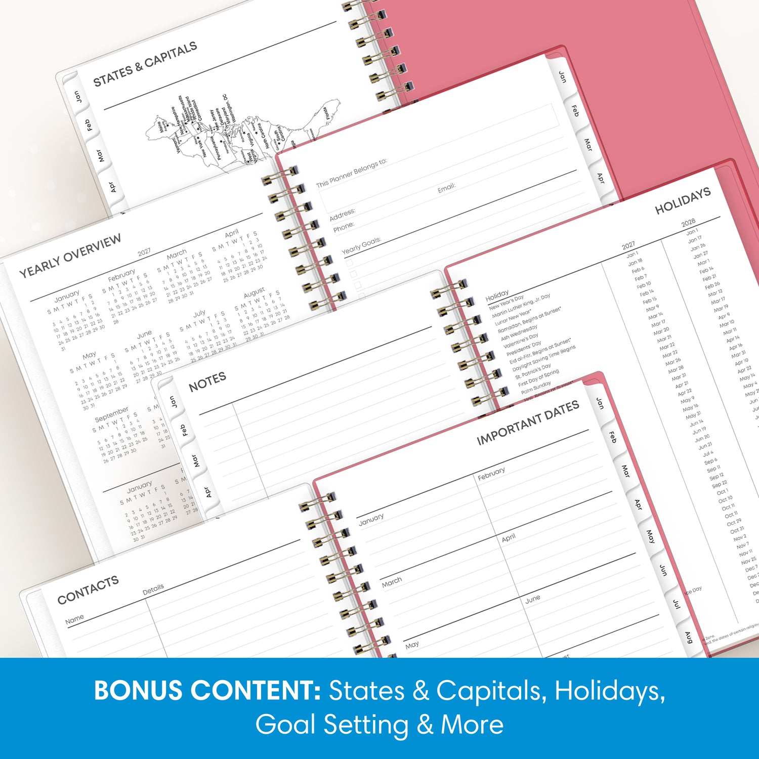 planner featuring bonus content like yearly overview, important dates, holidays, states and capitals