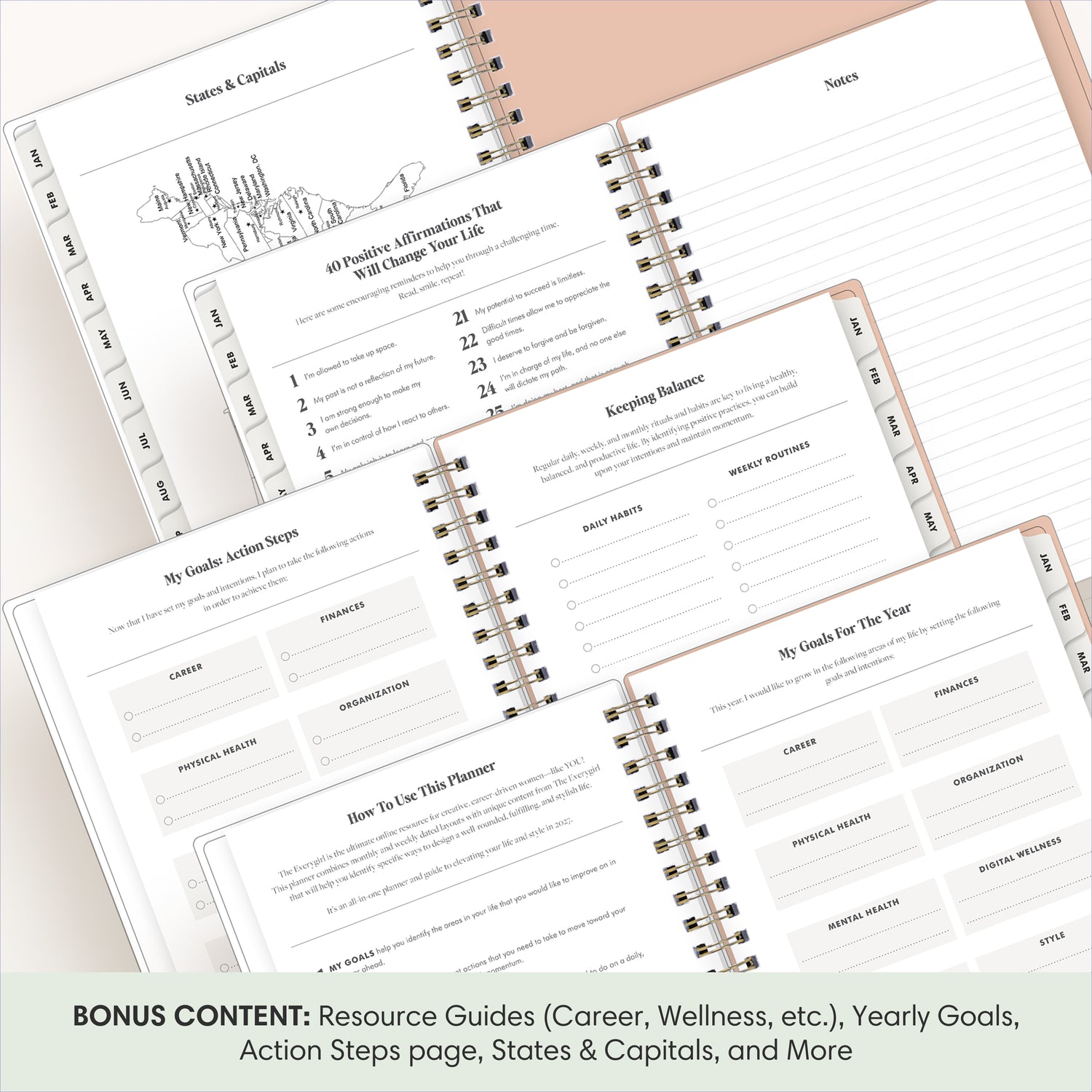 planner featuring bonus content like yearly overview, important dates, holidays, states and capitals
