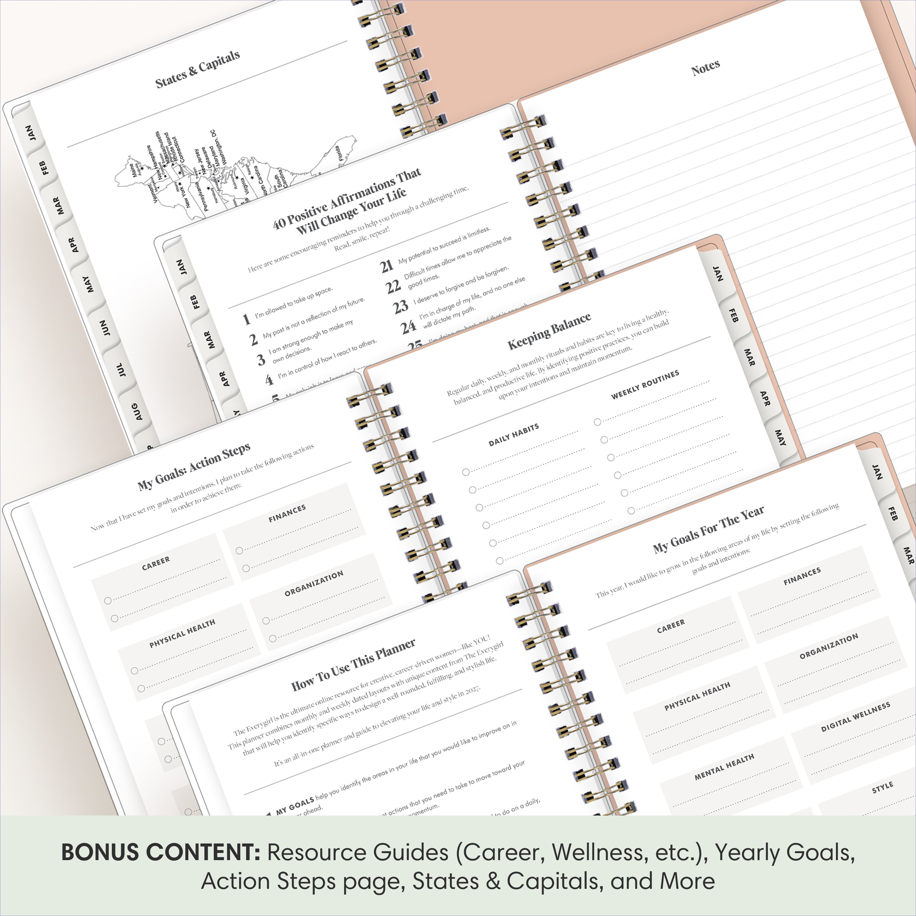planner featuring bonus content like yearly overview, important dates, holidays, states and capitals