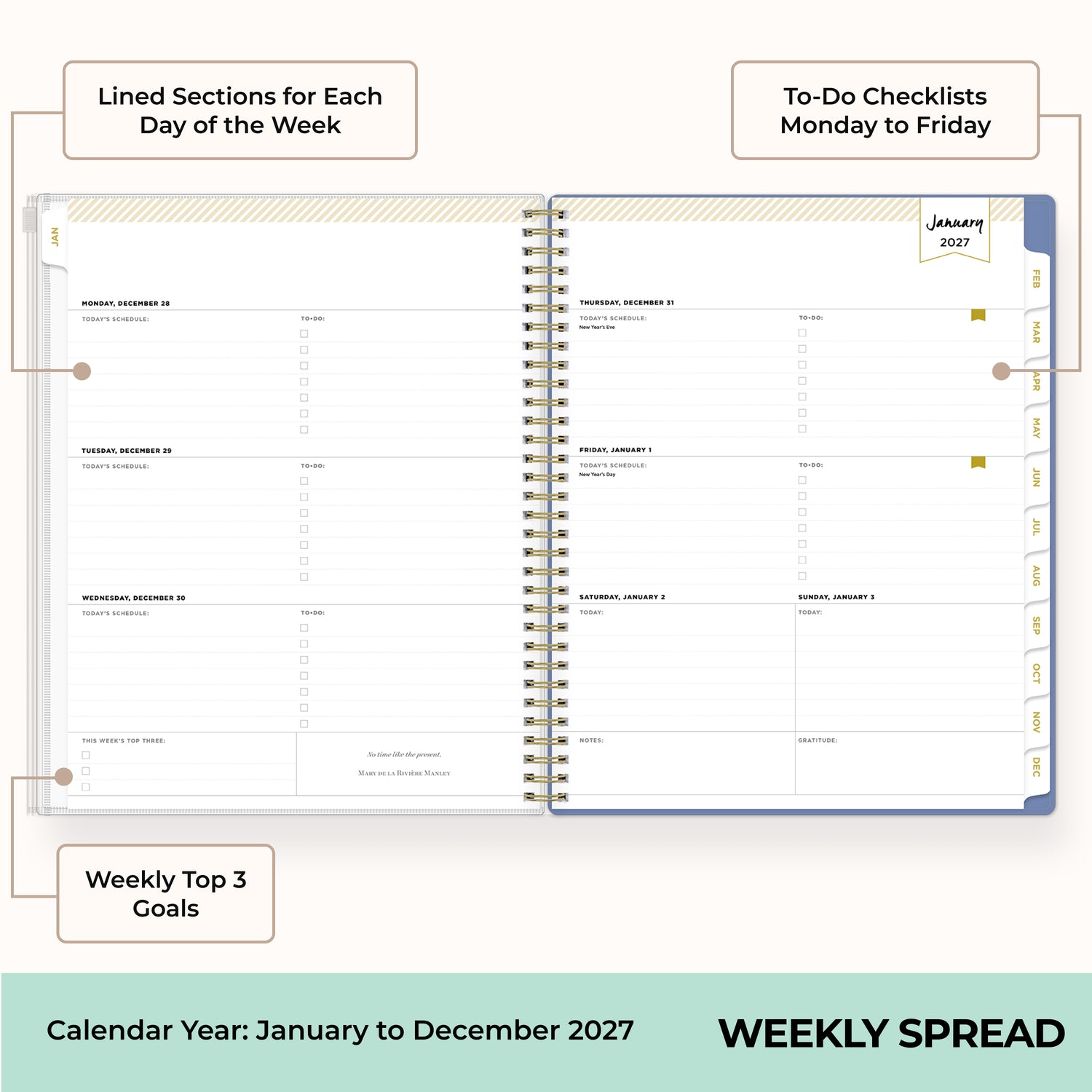 2027 weekly spread features ample lined writing space for to do lists, notes section, reference calendars, bullet points, and monthly tabs