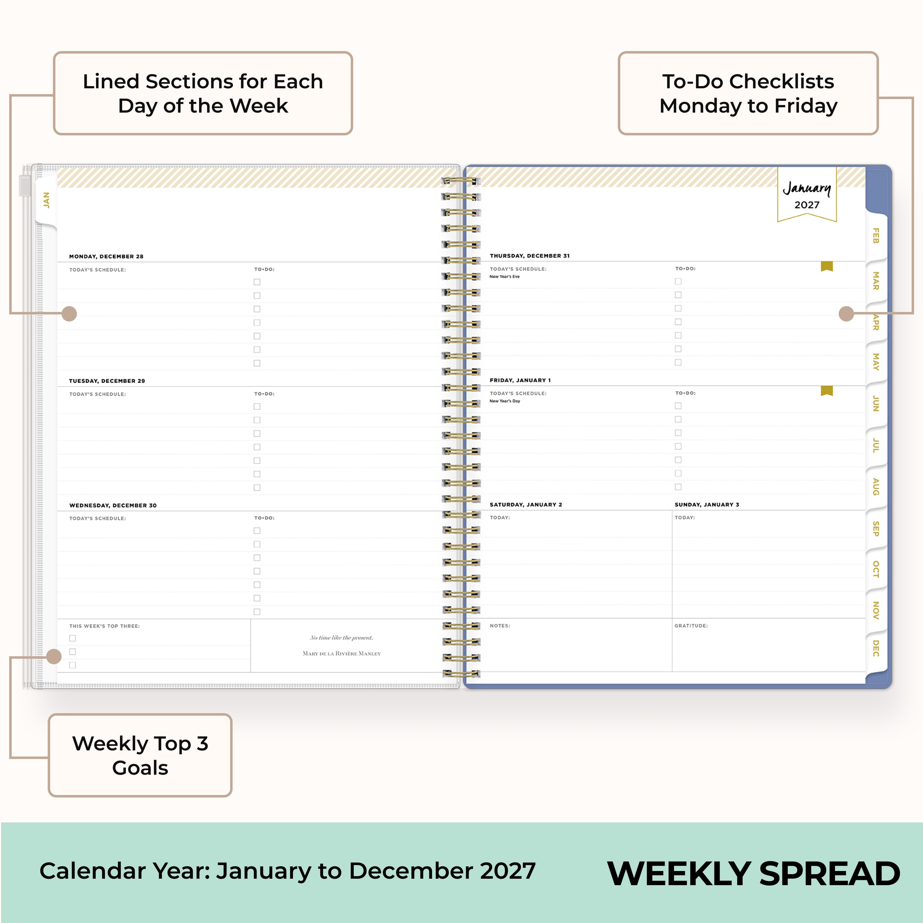 2027 weekly spread features ample lined writing space for to do lists, notes section, reference calendars, bullet points, and monthly tabs