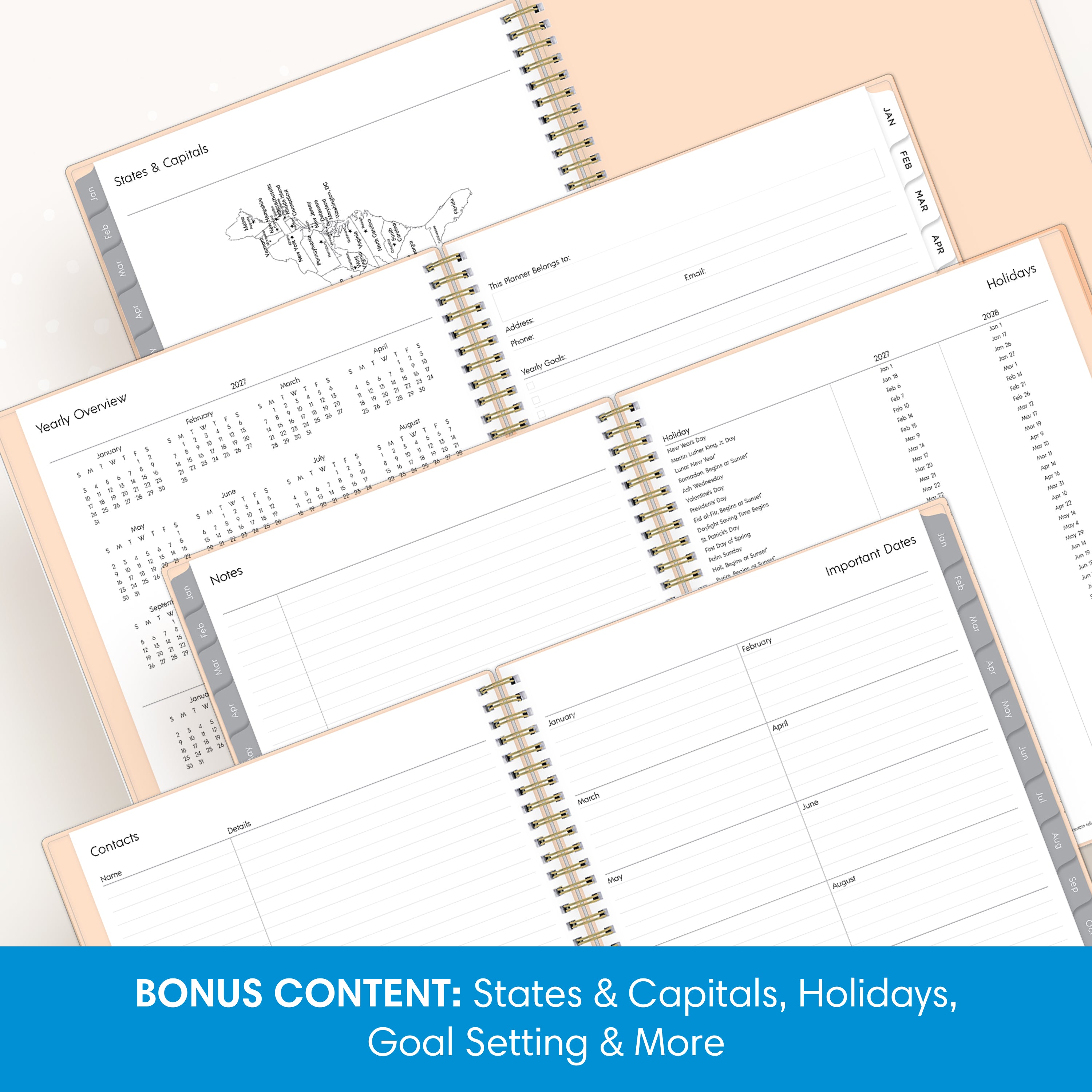 reference page yearly overview, capitals states, contacts, and holiday list