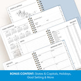 planner featuring bonus content like yearly overview, important dates, holidays, states and capitals