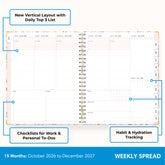 2027 weekly spread features ample lined writing space for to do lists, notes section, reference calendars, bullet points, and monthly tabs