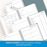 planner featuring bonus content like yearly overview, important dates, holidays, states and capitals