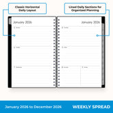 2026 weekly layout featuring lined writing space and organized sections for planning 5x8