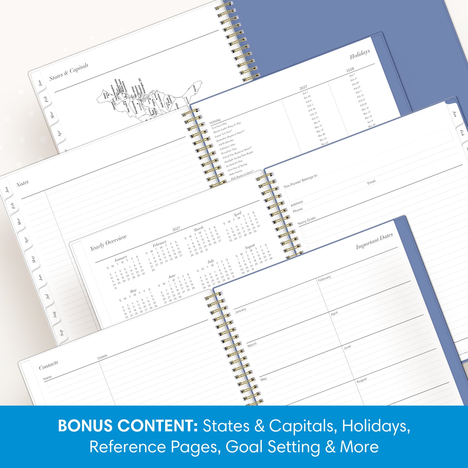 planner featuring bonus content like yearly overview, important dates, holidays, states and capitals