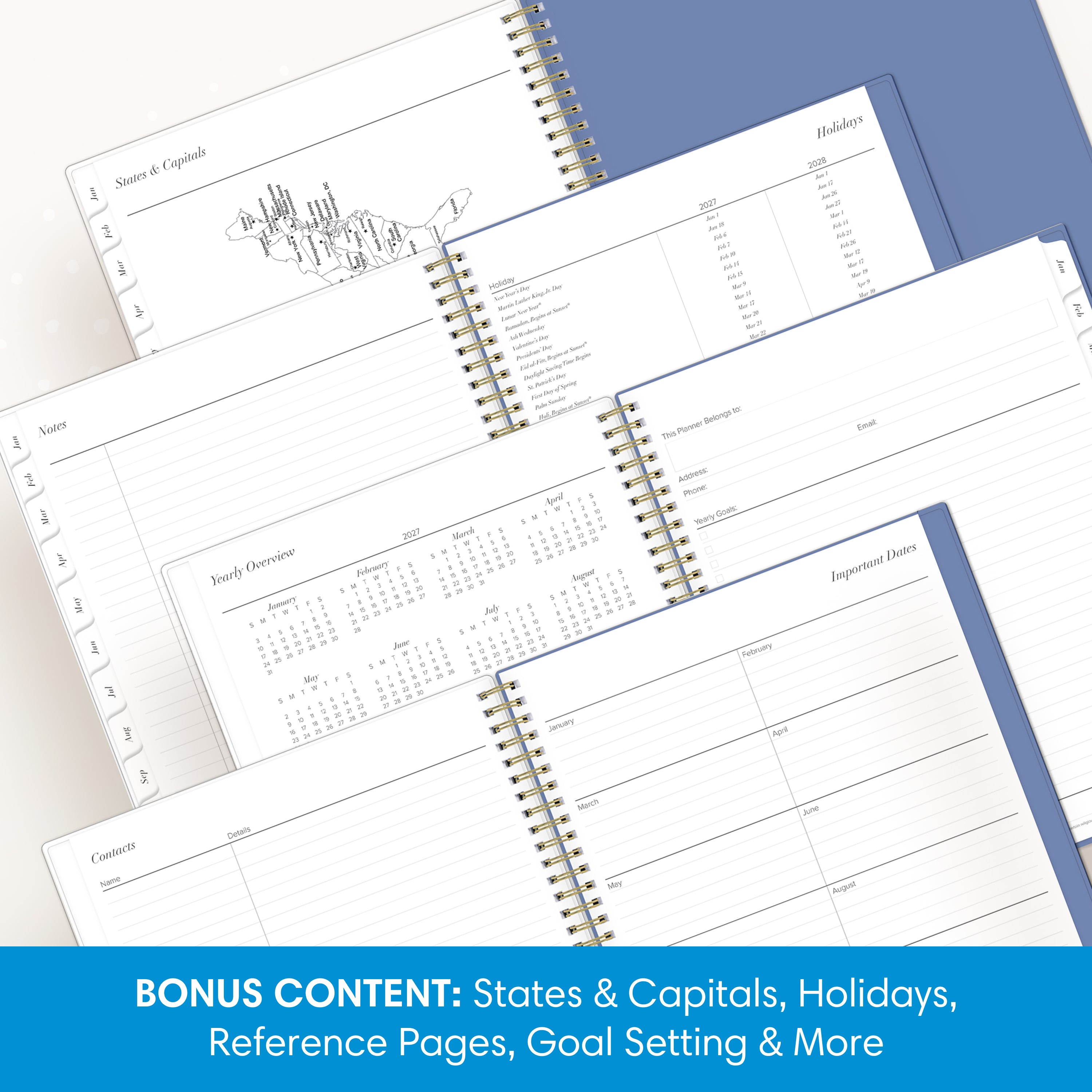 planner featuring bonus content like yearly overview, important dates, holidays, states and capitals