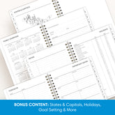 planner includes yearly overview, contacts, important dates, and holidays list
