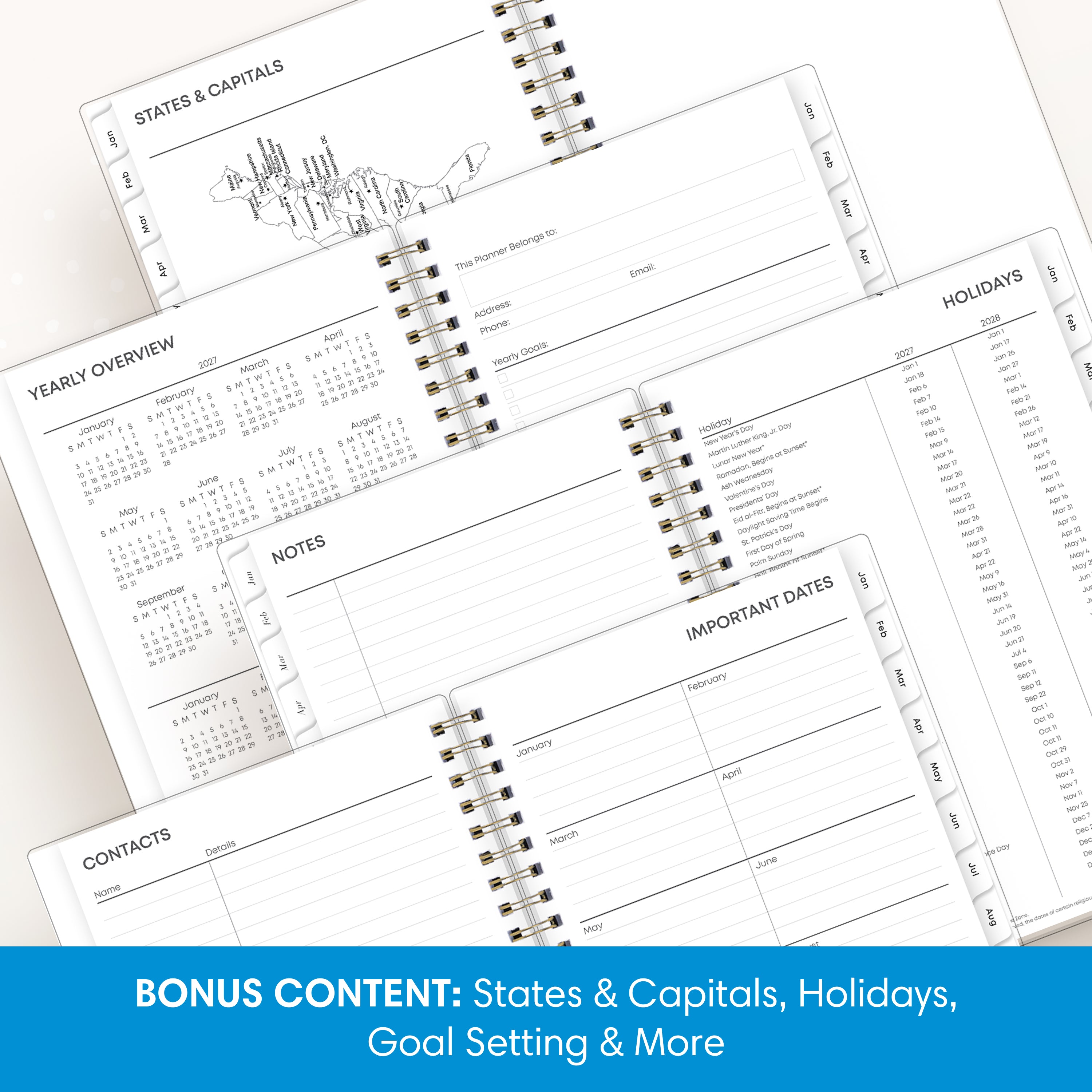 planner includes yearly overview, contacts, important dates, and holidays list