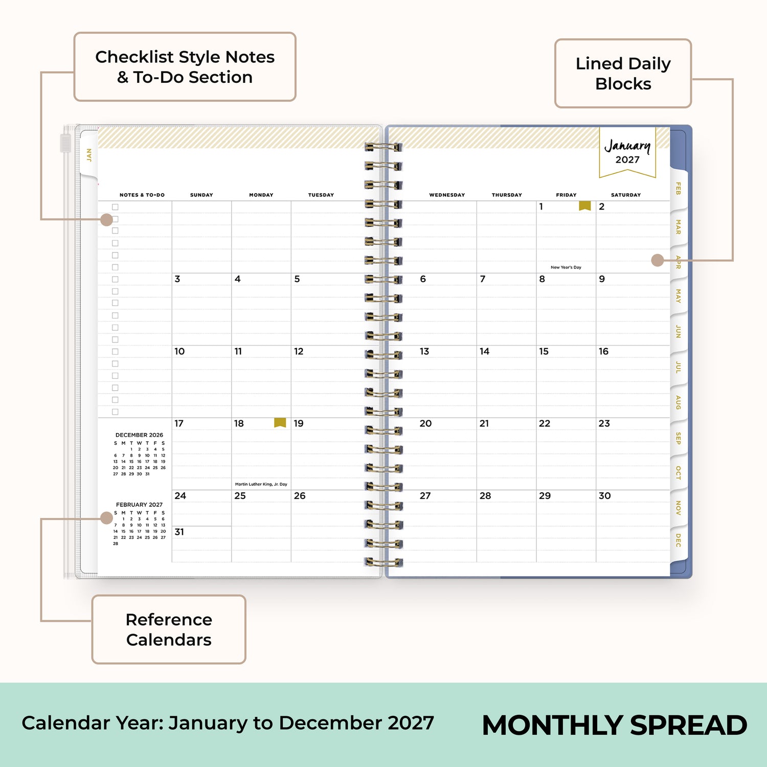 2027 monthly spread featuring ample lined writing space for each date, notes section, reference calendars, and monthly tabs