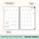 2027 monthly spread featuring ample lined writing space for each date, notes section, reference calendars, and monthly tabs