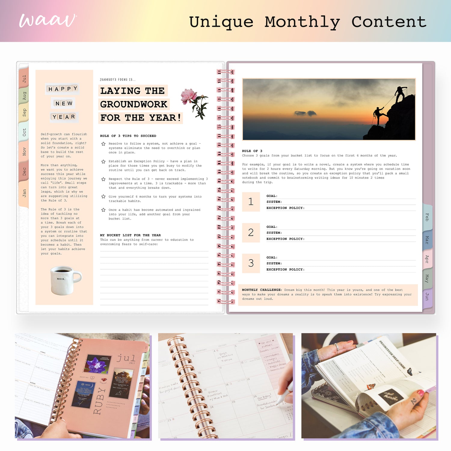 Open planner showing monthly content with a sunset silhouette on a mountain, surrounded by smaller images of the planner&