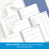 planner includes yearly overview, contacts, important dates, and holidays list