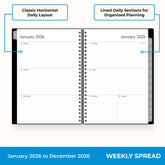 2026 weekly layout featuring lined writing space and organized sections for planning 5.875x8.625