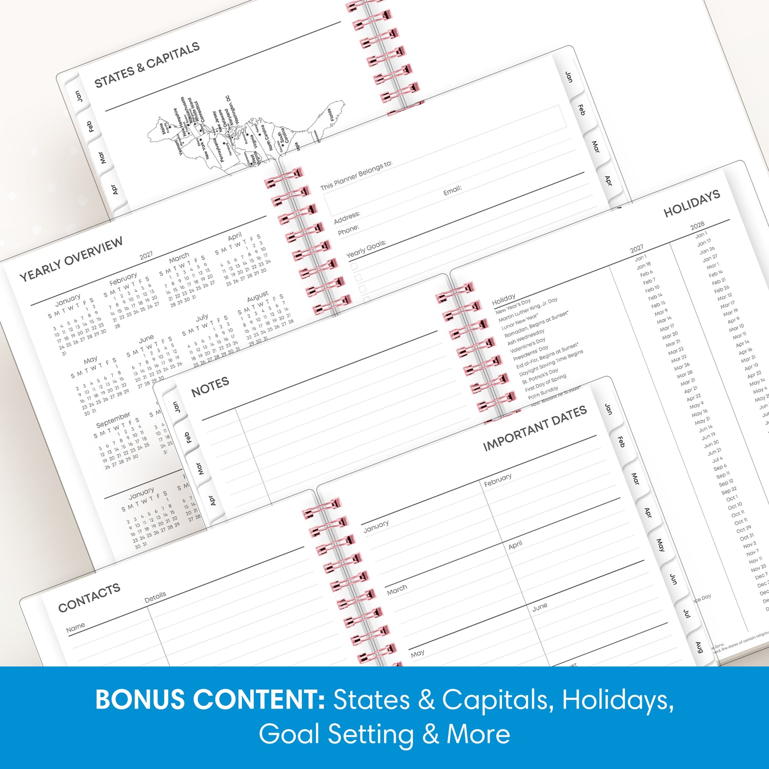 planner includes yearly overview, contacts, important dates, and holidays list