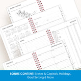 planner includes yearly overview, contacts, important dates, and holidays list