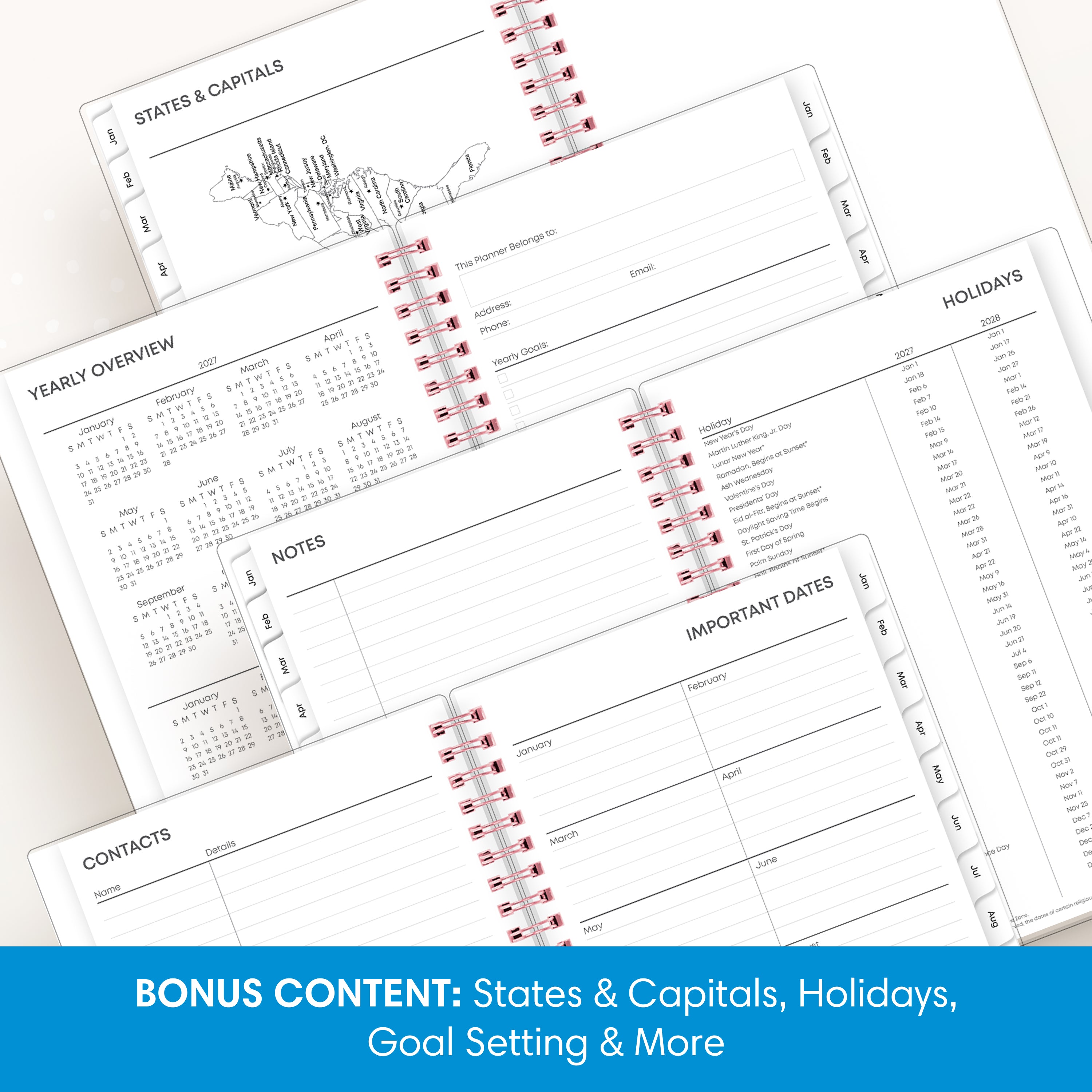 planner includes yearly overview, contacts, important dates, and holidays list