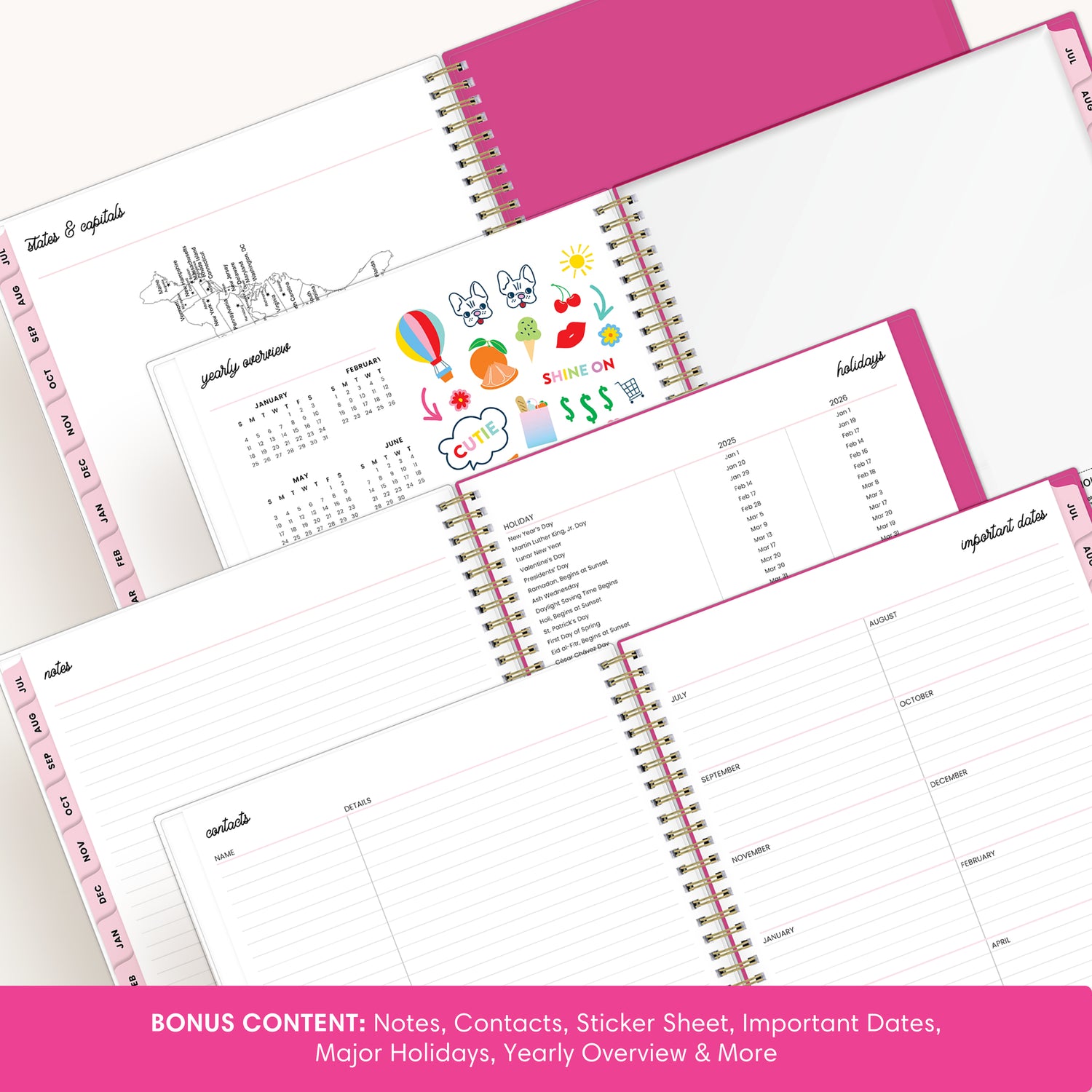 the academic planner has bonus content to ensure you have a strong, organized school year., sticker sheets, important dates and major holidays
