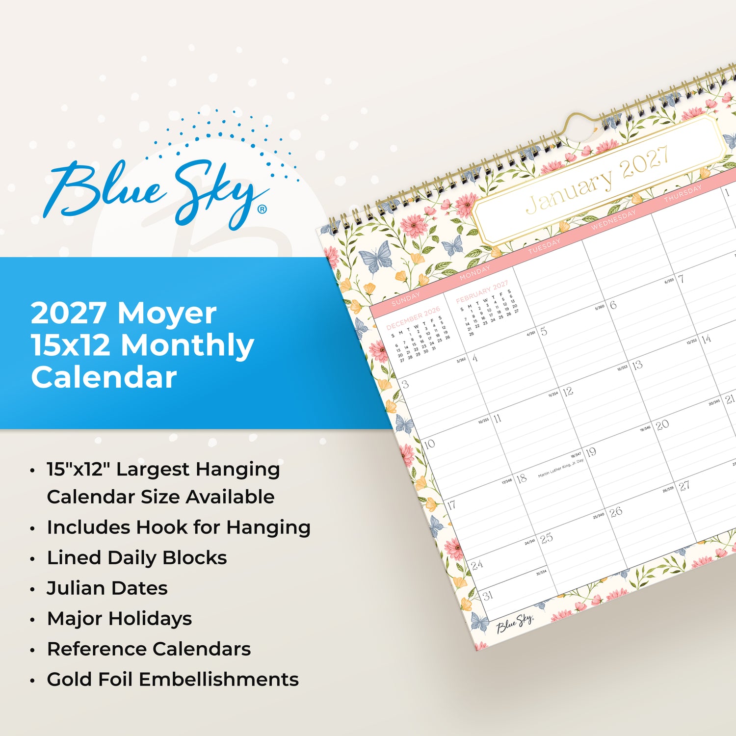 Floral and butterfly design calendar for January 2027 on a white background in 15x12 size with lined writing space and reference calendars
