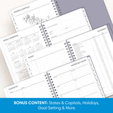 planner includes yearly overview, contacts, important dates, and holidays list