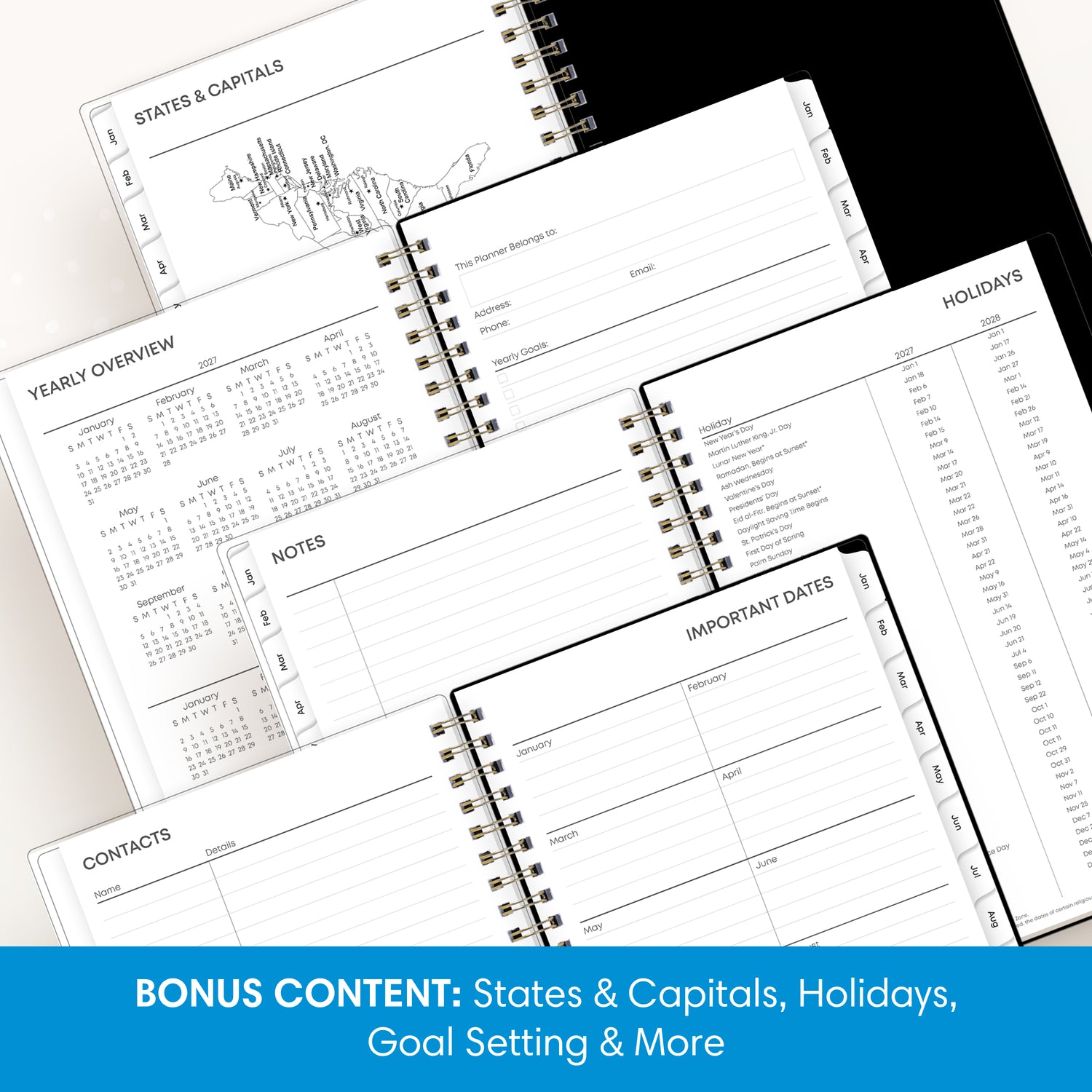 planner includes yearly overview, contacts, important dates, and holidays list