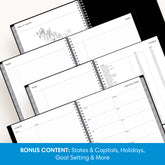 map of USA, yearly overview, notes section, and contact pages