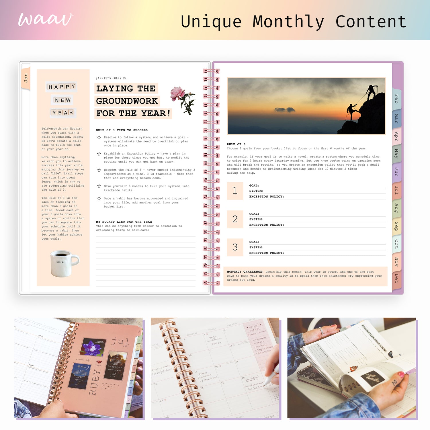 planner featuring bonus content like yearly overview, important dates, holidays, states and capitals, unique monthly content