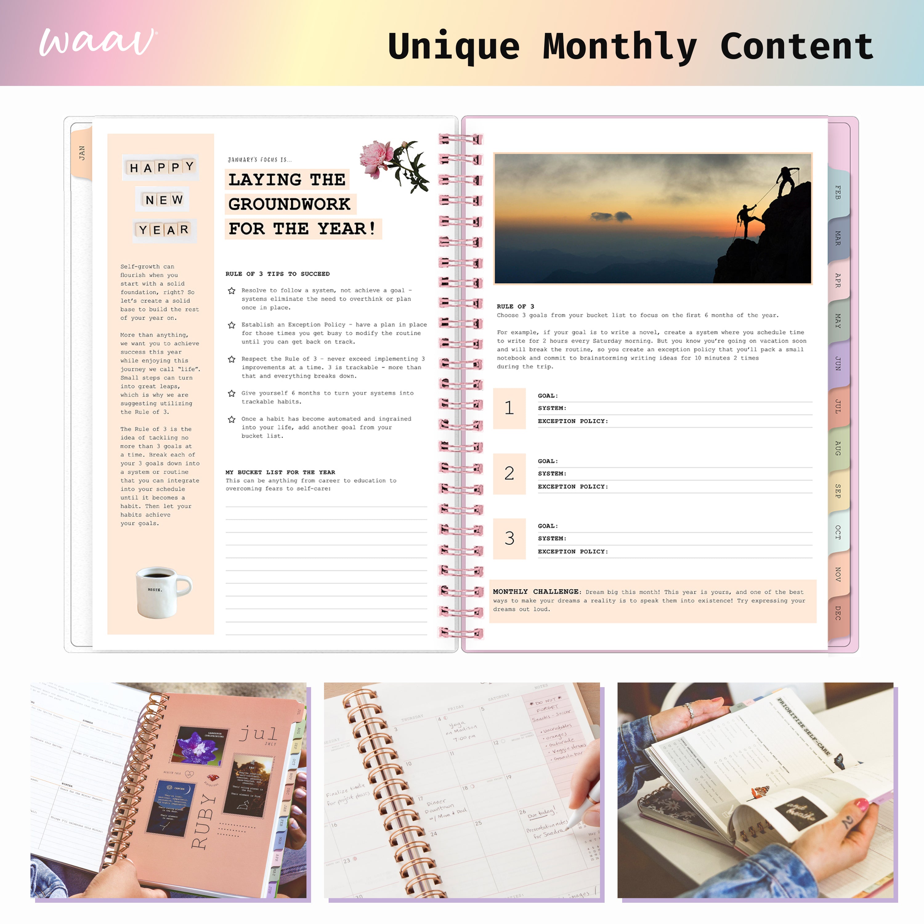 planner features twin wire o binding, monthly tabs, and optimizing planning size, unique monthly content