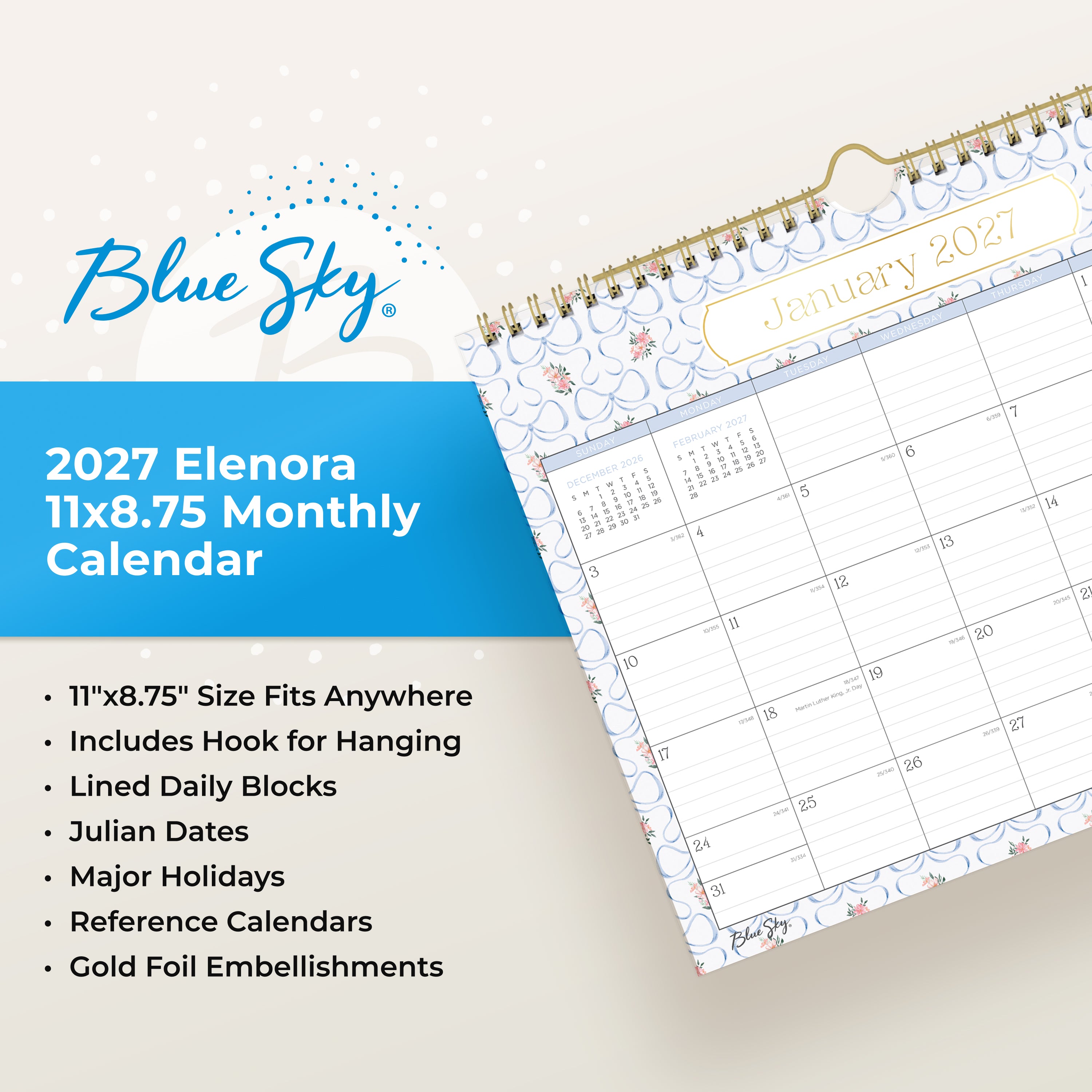 lined writing space for each day on this january 2027 to december 2027 wall calendar + reference calendars, holidays and golden wire o and hook