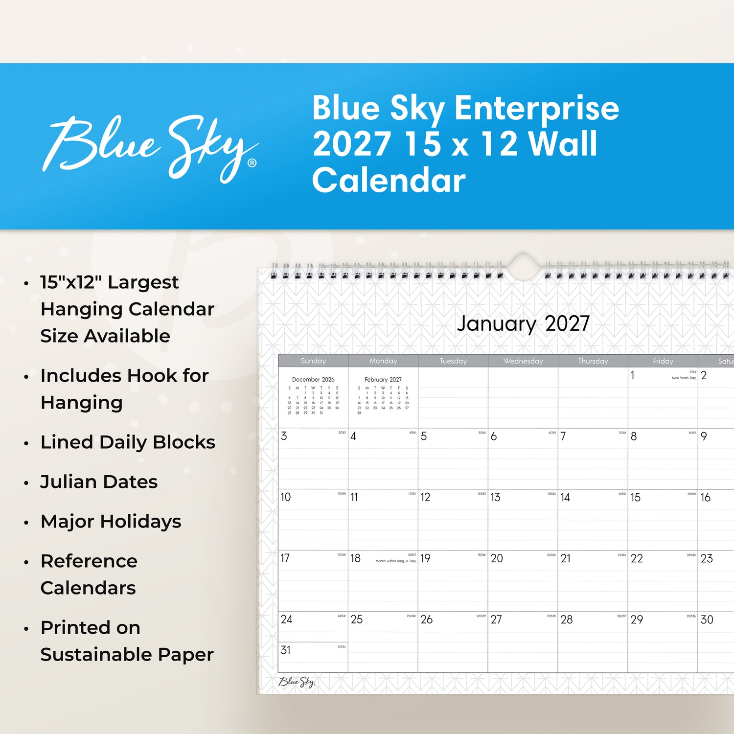 january 2027 - december 2028 wall calendar with professional background, lined writing space, 15x12, wall hook