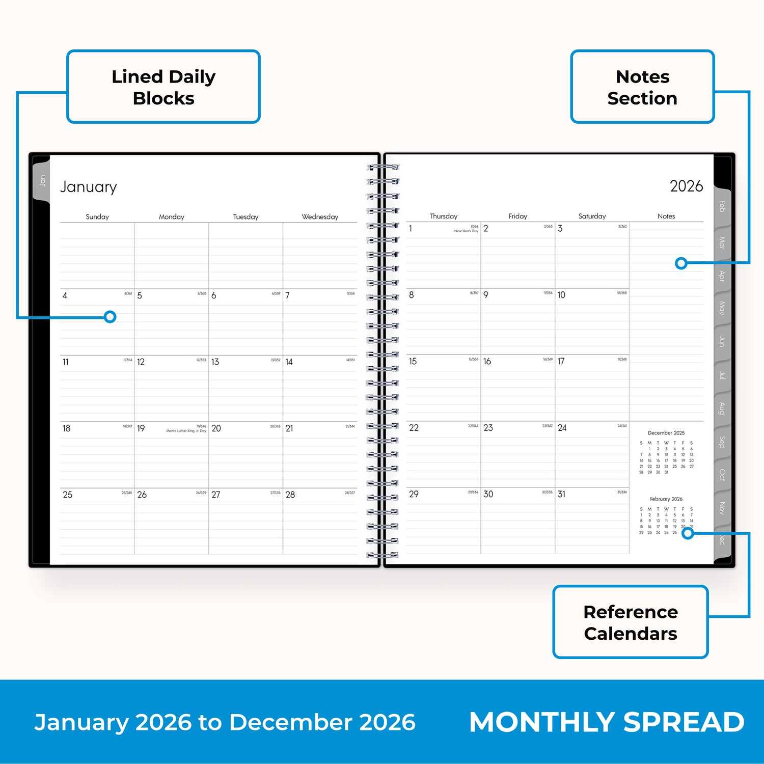 2026 monthly planner featuring lined writing space, notes section, and reference calendars