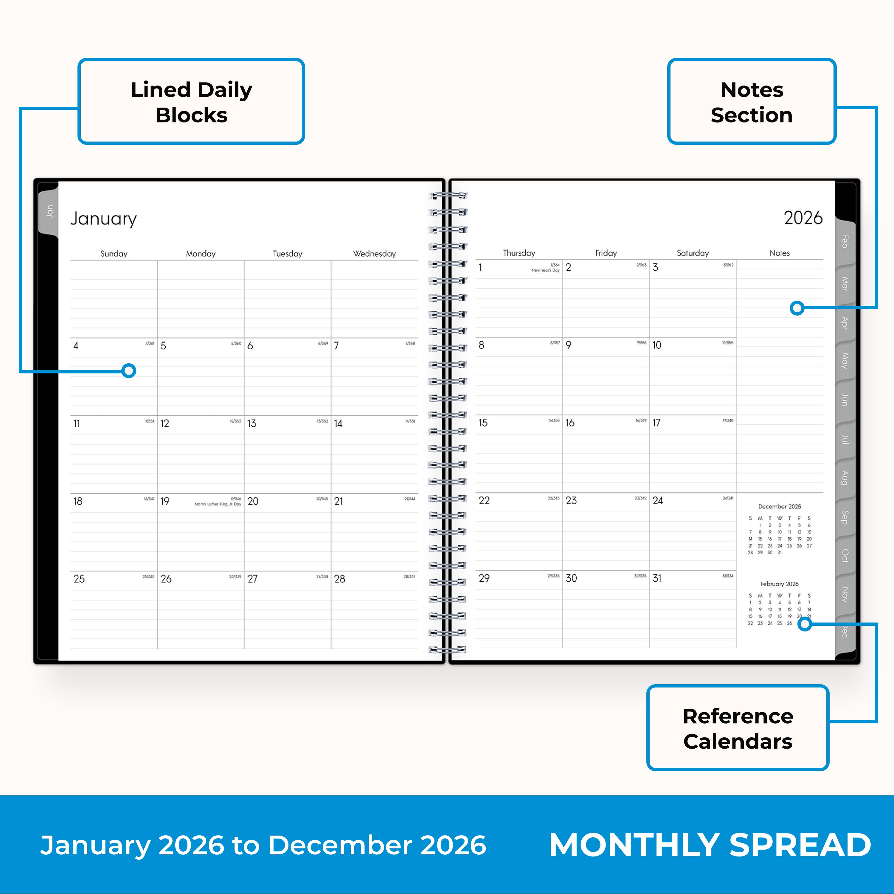 2026 monthly planner featuring lined writing space, notes section, and reference calendars