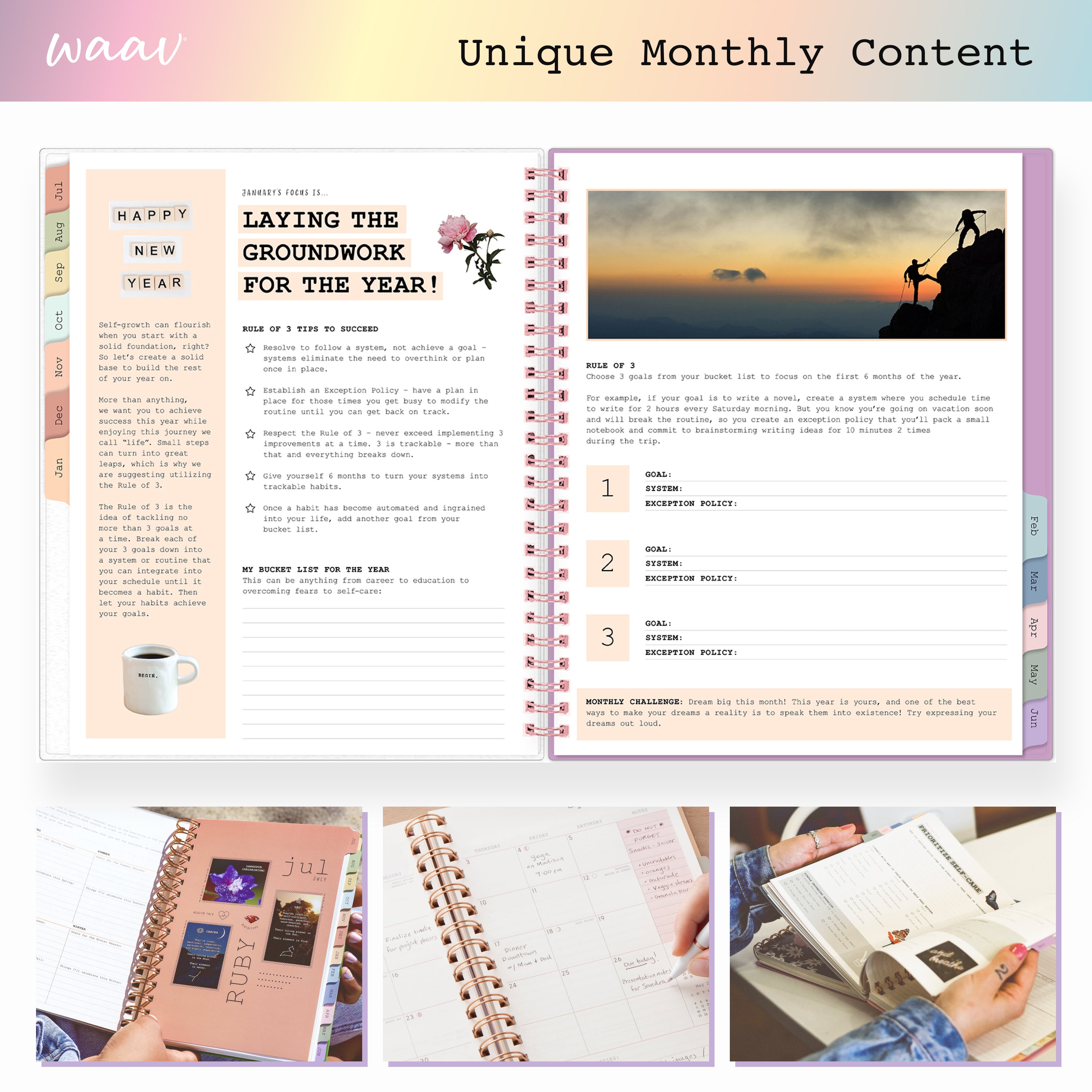 Open planner showing monthly content with a sunset silhouette on a mountain, surrounded by smaller images of the planner&