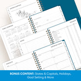 planner includes yearly overview, contacts, important dates, and holidays list