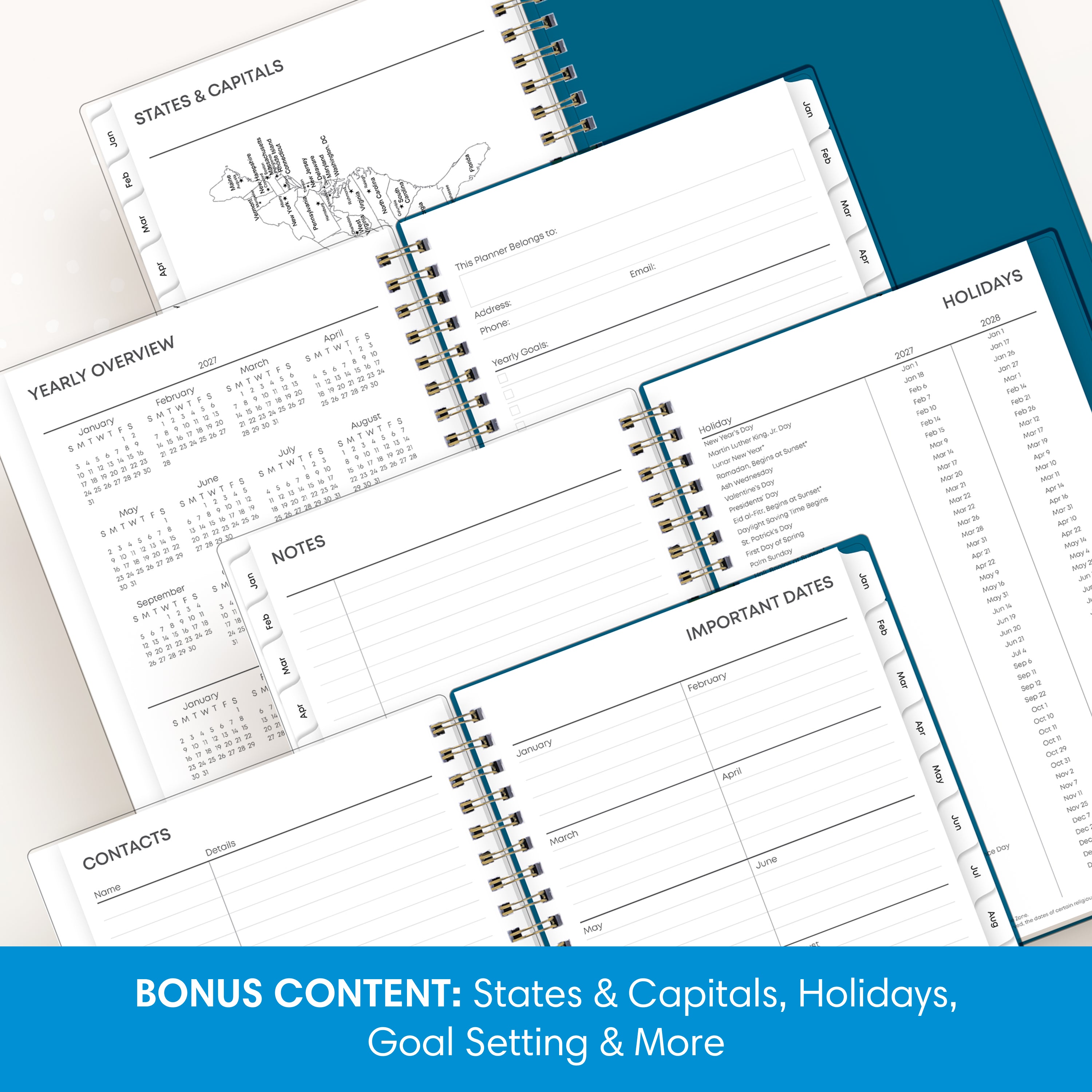 planner includes yearly overview, contacts, important dates, and holidays list