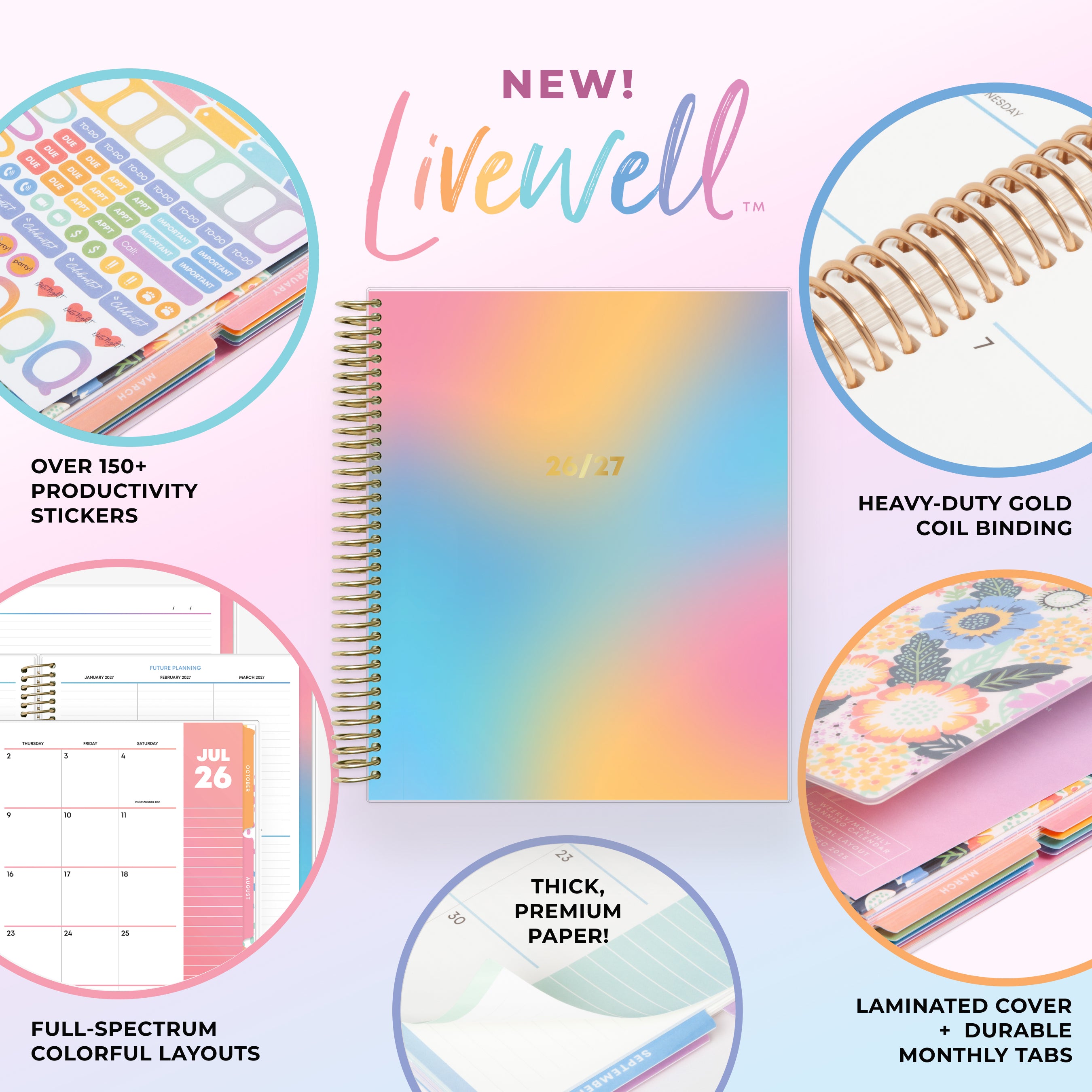 Promotional image of a planner with features highlighted, including stickers, gold coil binding, and colorful layouts.