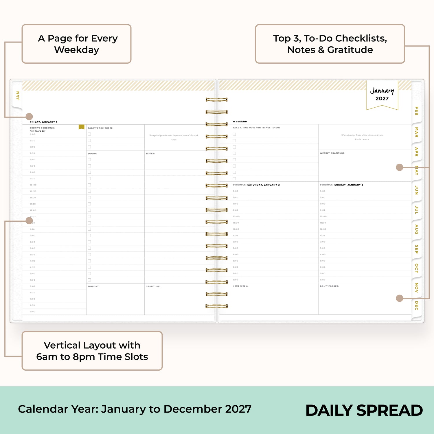 this daily monthly planner features a daily layout with 1 hour increments, to do list, notes section, lined writing space, and monthly tabs