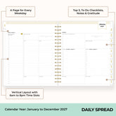 this daily monthly planner features a daily layout with 1 hour increments, to do list, notes section, lined writing space, and monthly tabs