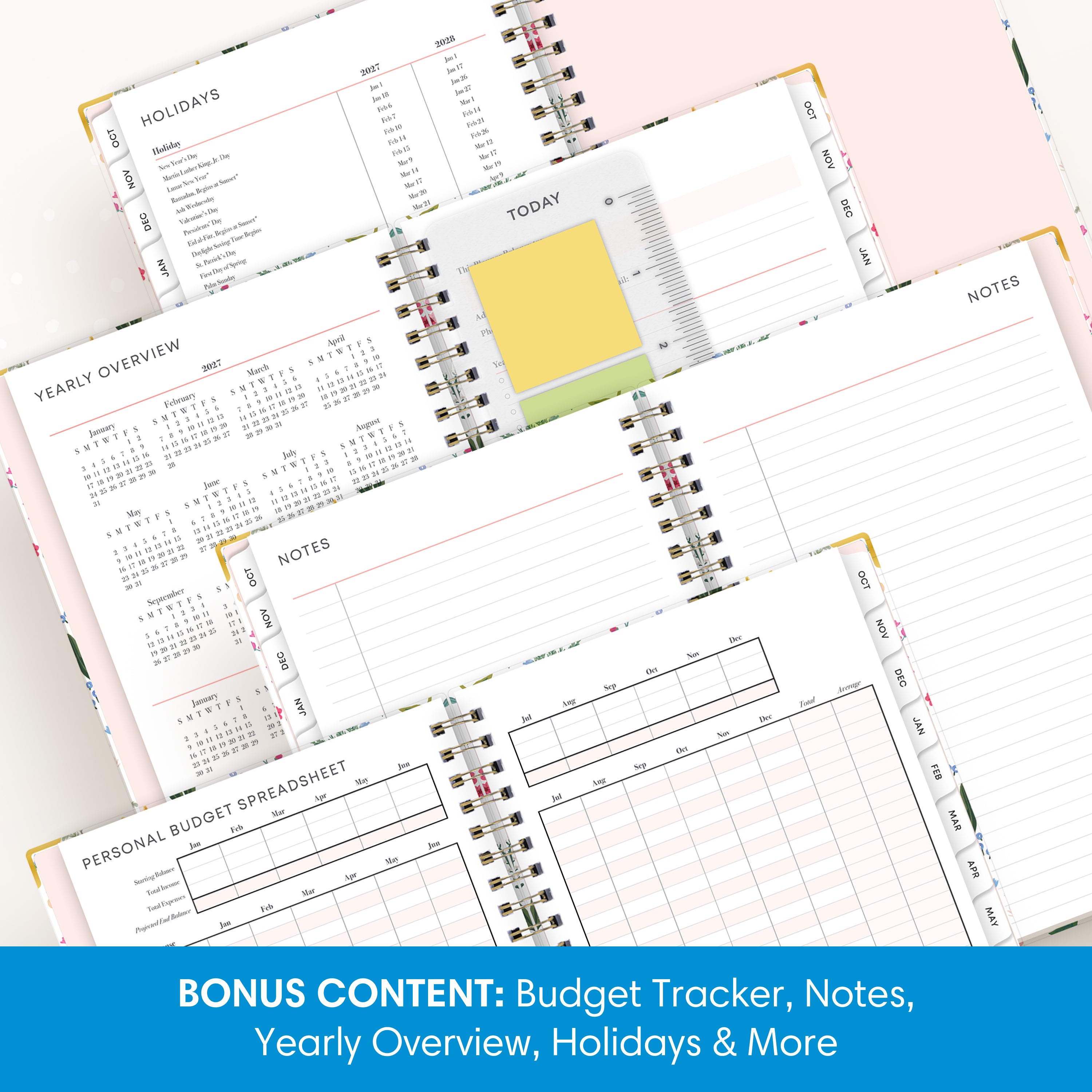 planner featuring bonus content like yearly overview, important dates, holidays, states and capitals