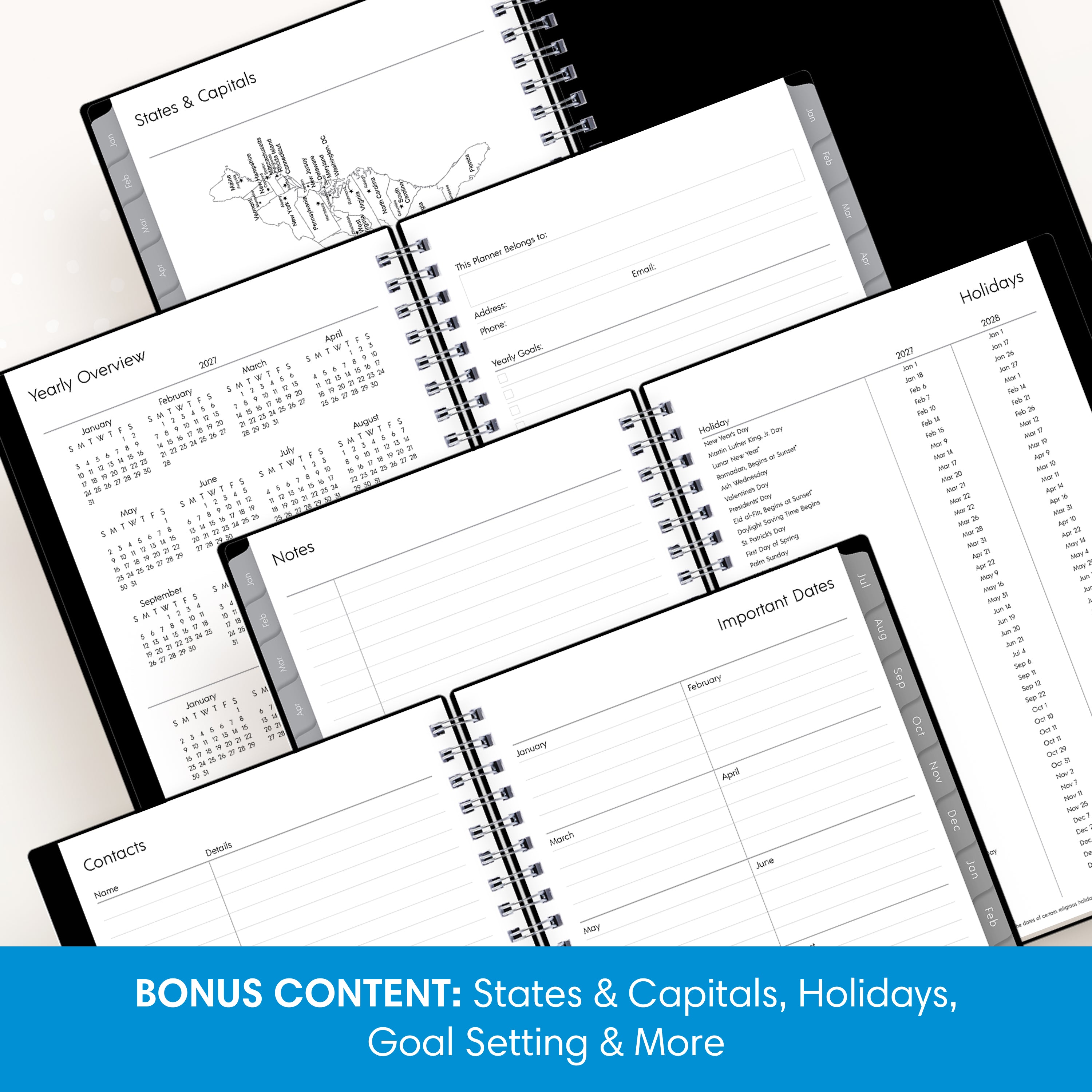 States and capitals, yearly overview for 2027 and 2028, notes section, and contacts page.
