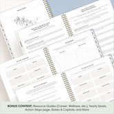 planner featuring bonus content like yearly overview, important dates, holidays, states and capitals