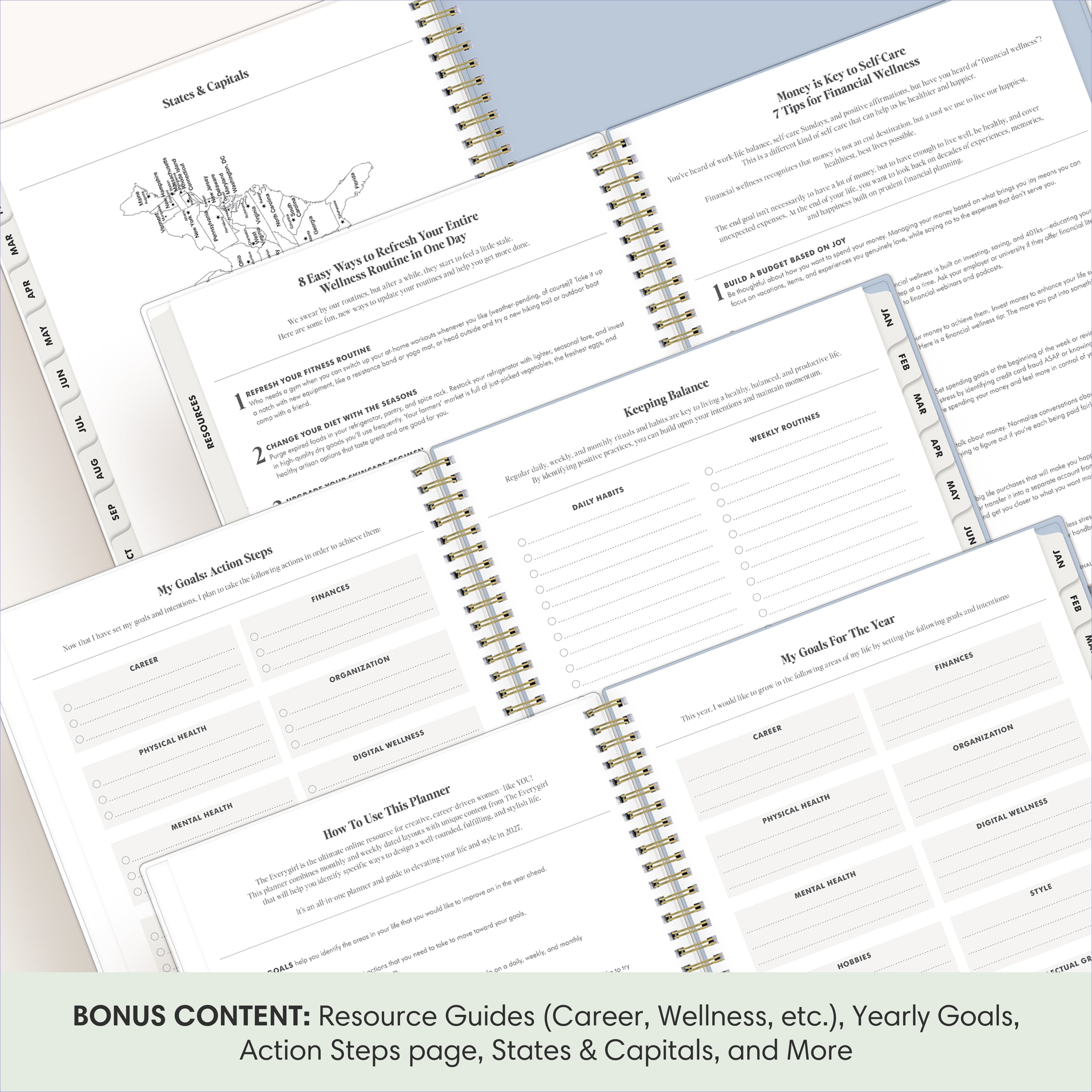 planner featuring bonus content like yearly overview, important dates, holidays, states and capitals