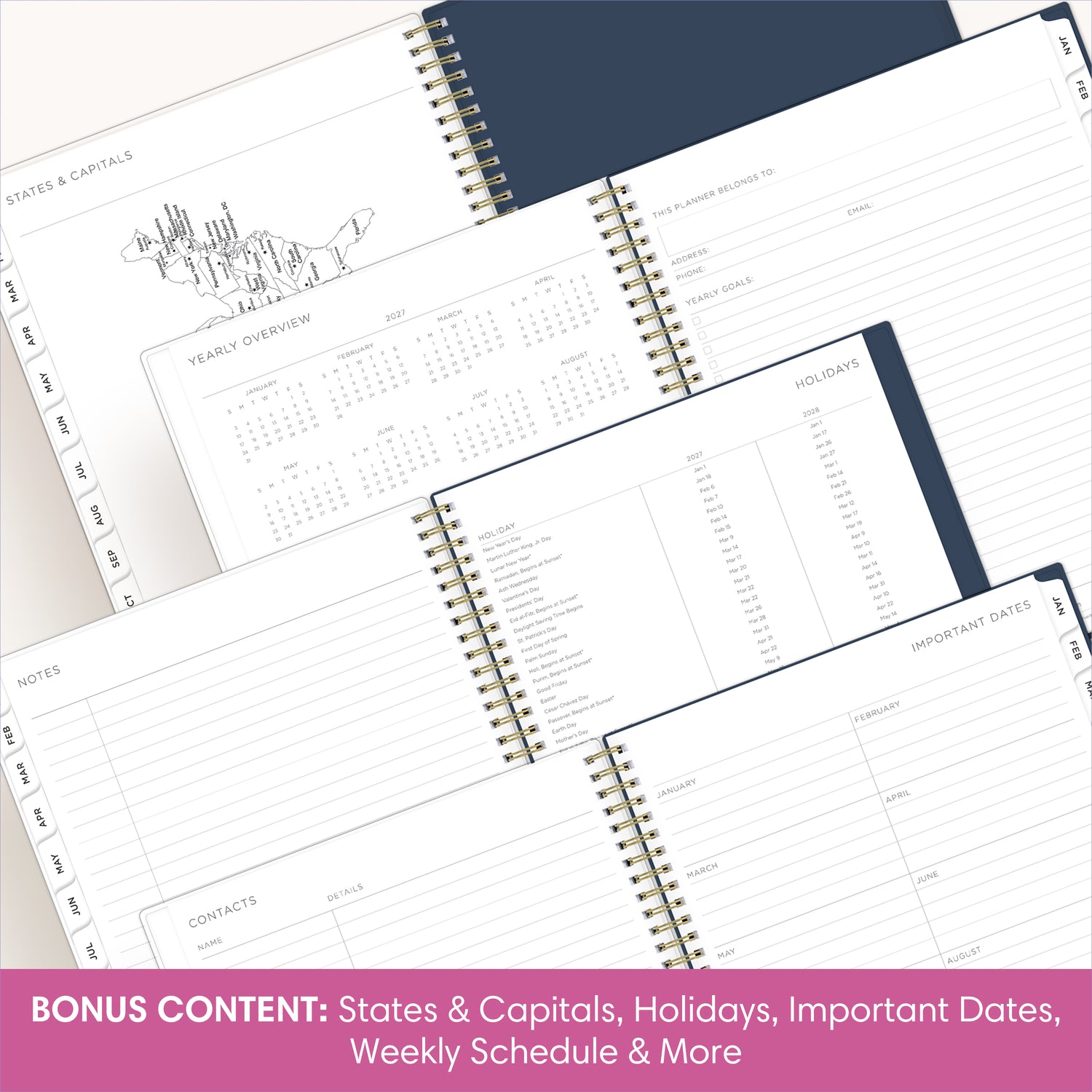 planner featuring bonus content like yearly overview, important dates, holidays, states and capitals