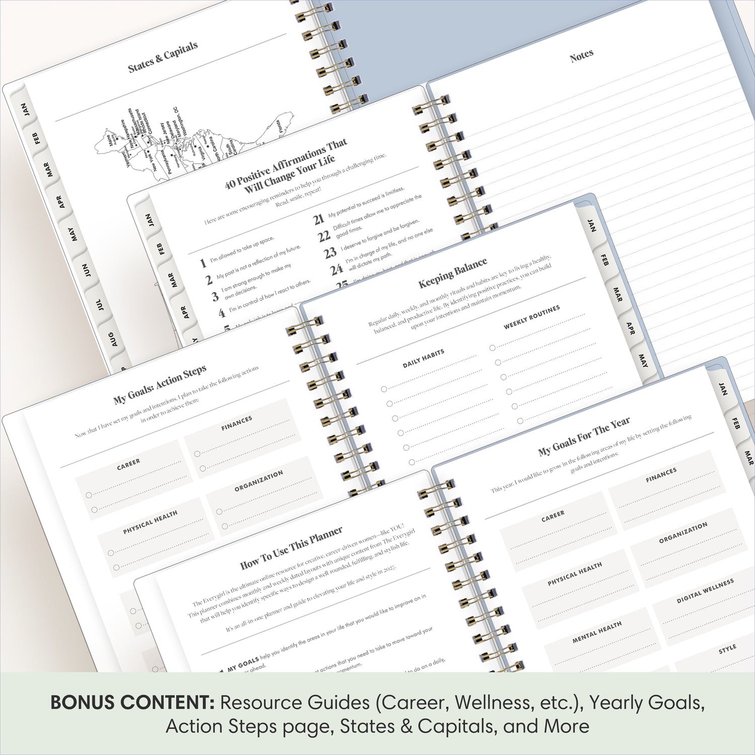 planner featuring bonus content like yearly overview, important dates, holidays, states and capitals