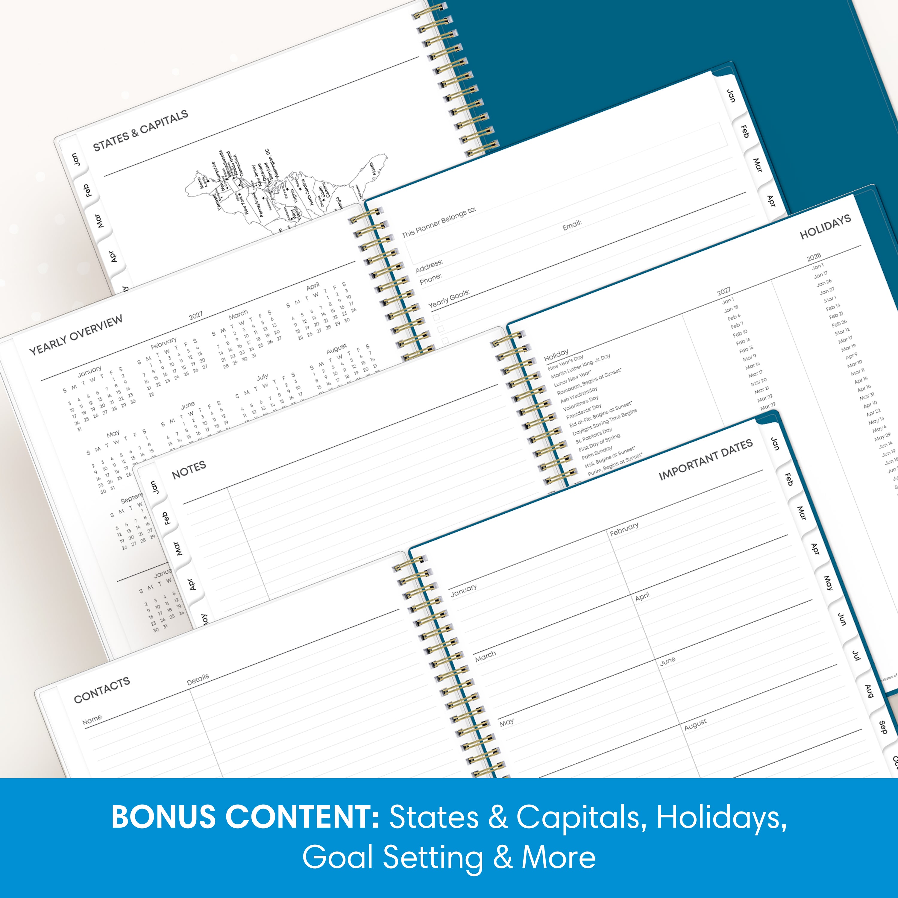 planner includes yearly overview, contacts, important dates, and holidays list