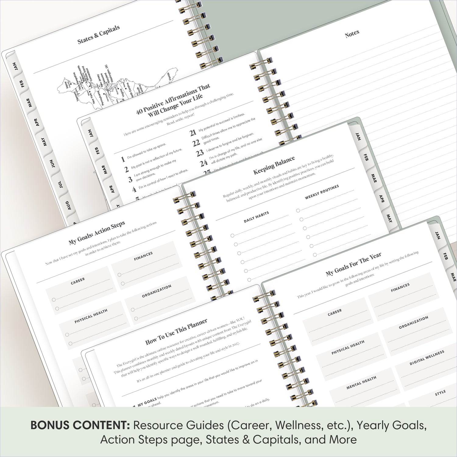 planner featuring bonus content like yearly overview, important dates, holidays, states and capitals