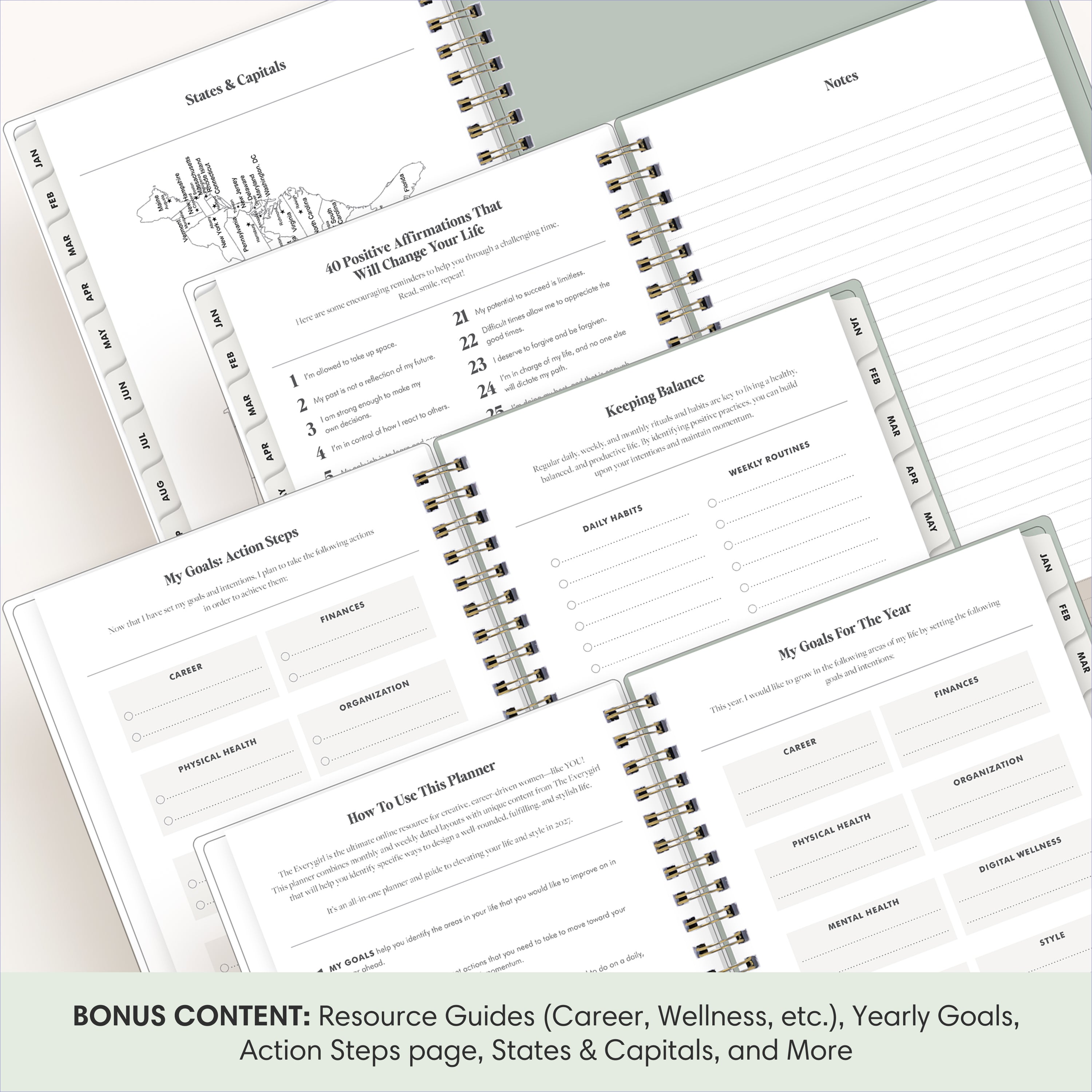 planner featuring bonus content like yearly overview, important dates, holidays, states and capitals